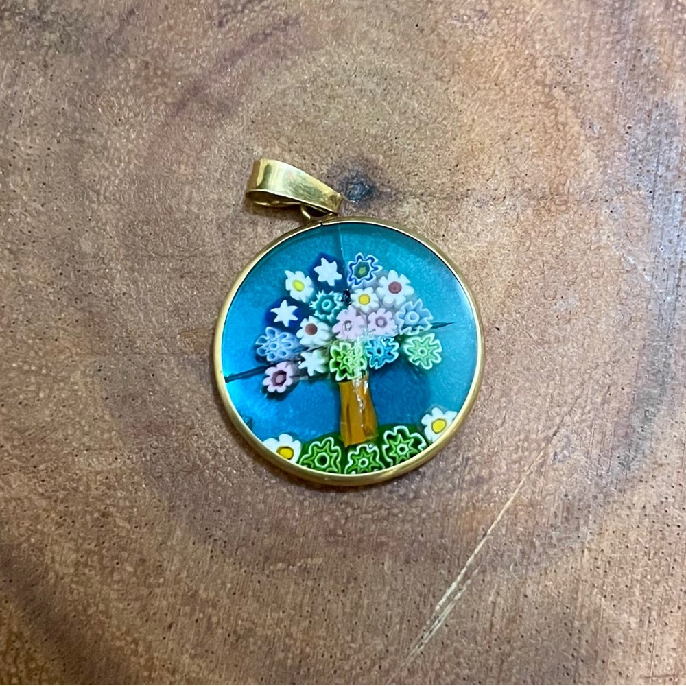 Vintage Murano Glass Tree of Life Millefiori Pendant in 18K Solid Gold Frame - Picture 5 of 8